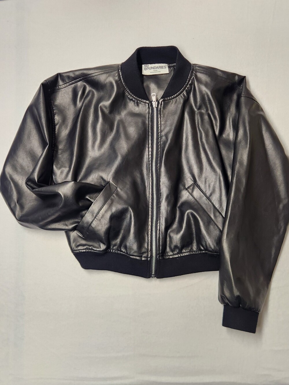 No Boundaries Y2K Faux Leather Bomber Jacket Black Grunge Streetwear Coat XS
